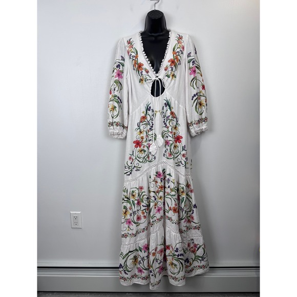 Farm Rio for Anthropologie Dresses & Skirts - Farm Rio for Anthropologie Floral Linen Blend Tiered Maxi Dress White Medium